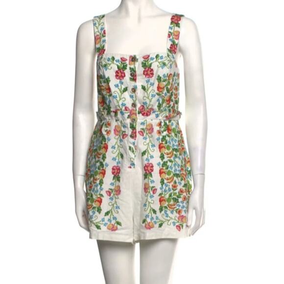 FARM Rio Pants - Farm Rio Womens Floral Print Square Neckline Romper Pom Pom Detail Size Large